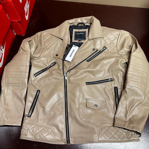 Reason Mens faux Leather Zipper Pocket Classic Motorcycle Jacket - Picture 1 of 4
